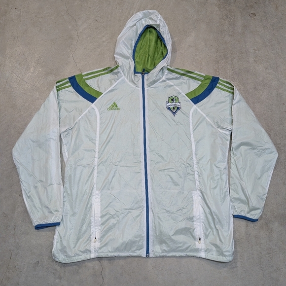 Seattle Sounders 2014 Rain Jacket Mens 2XL Full Zip Hooded White Green Adidas - Picture 1 of 8